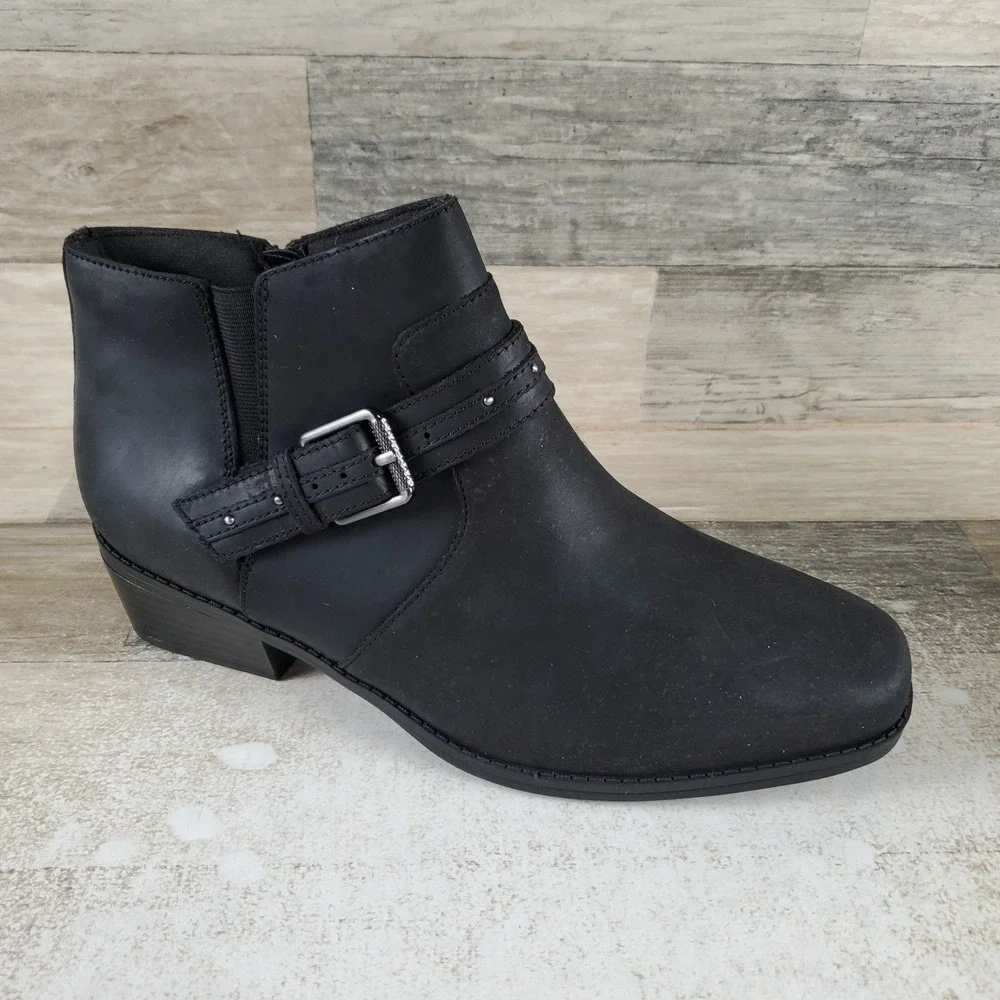 Clarks Danyelle Wish Womens Ankle Boot Sz 9 Black Side Zip Block Heel Square Toe
